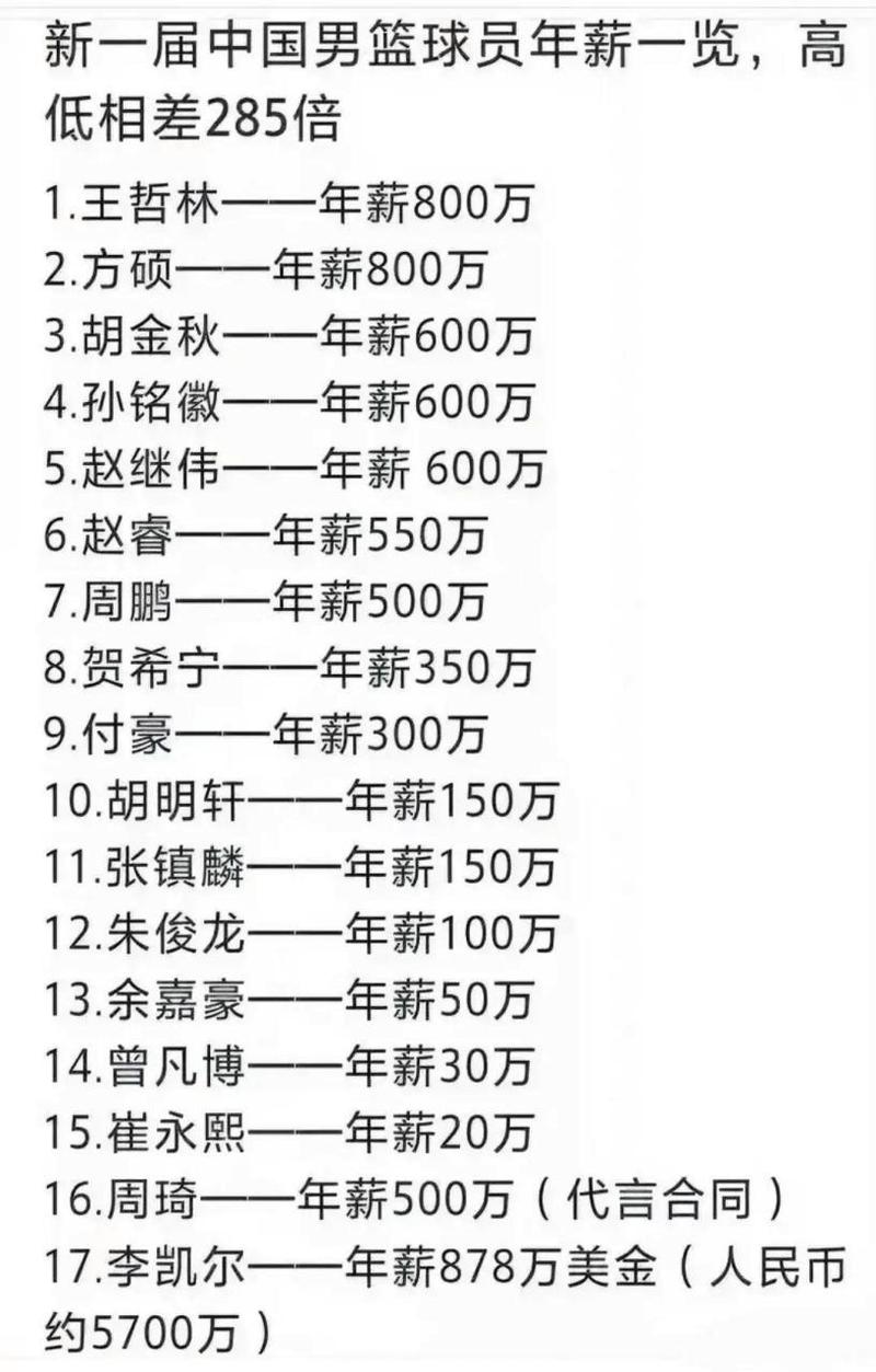 中国男篮队员年薪排名（中国男篮队员年薪排名榜）